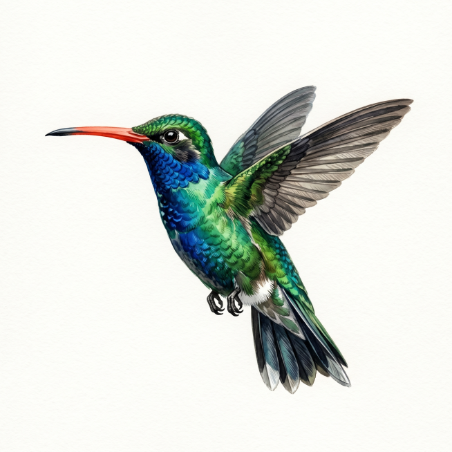 美式写实水彩风格，复古科普插画风格，阔嘴蜂鸟（Broad-billed Hummingbird），品种特征明显，画面仅包含蜂鸟，无任何其他元素，白色纯色背景预览效果