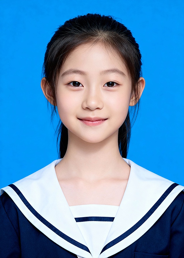 小朋友，女生，水手服穿搭，蓝色背景，干净的背景，证件照