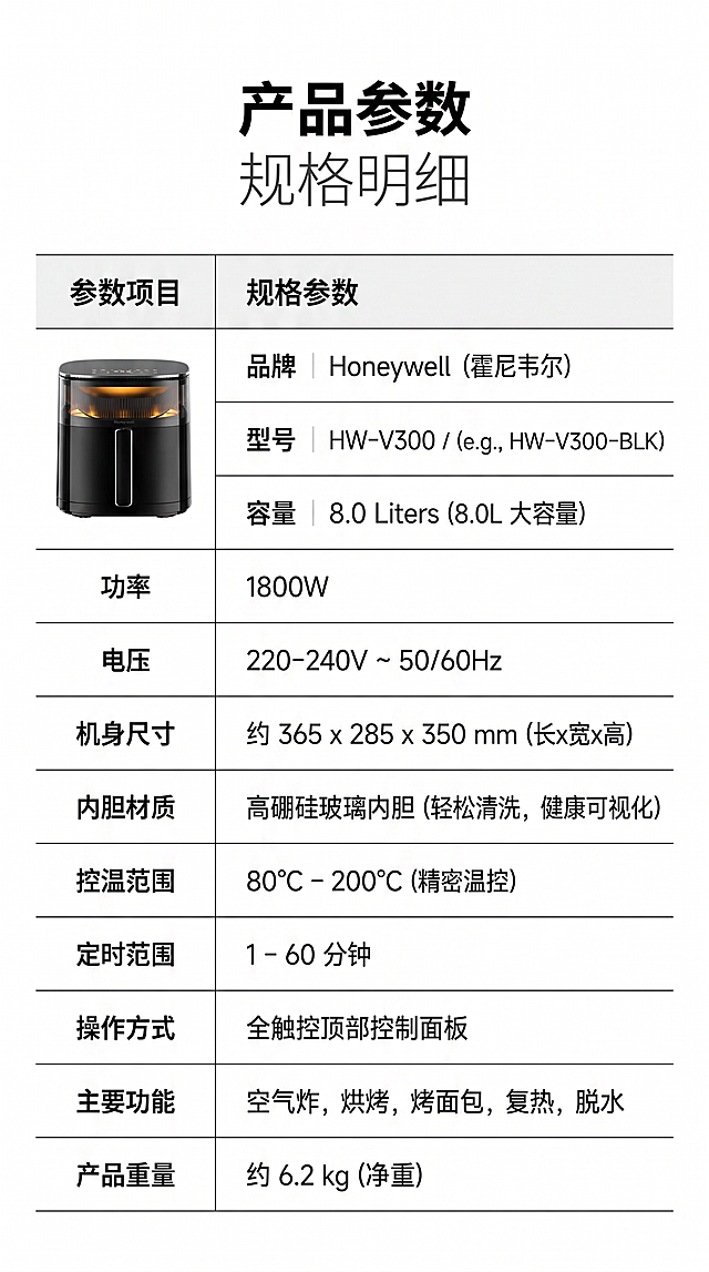 清晰参数表格，包含品牌、型号、容量、功率、电压、机身尺寸、内胆材质、控温范围等信息，极简背景，高清8K分辨率，文字清晰易读，表格规整，画面干净整洁，主文案"产品参数"居中放大，字体粗黑；副文案"规格明细"在主文案下方，字体纤细，颜色比主文案浅一度