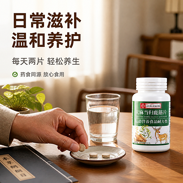 [主图-4] 天麻当归鹿筋片日常养生场景图，中老年居家滋补场景。
[氛围风格] 温馨居家养生风，自然舒适，有生活代入感。
[画质] 商业生活摄影质感、光线温暖柔和、场景真实自然、画面干净高级。
[元素] 中式木质桌面上，天麻当归鹿筋片药瓶放置在右侧，旁边有一杯温水和一个小瓷碟，碟中放着2片药片。桌面左侧摆放着一本线装书和一盆小型绿植。背景是温馨的中式客厅虚化场景，有木质家具和柔和的窗帘光线。一位中老年男性的手部自然伸向药片，仅露出手部和小臂，动作自然。**保持药瓶外观（即物理结构、材质质感、颜色、标签内容）与输入产品图保持绝对一致，杜绝任何变形和色差，精细化处理**。商品主体占比约45%。画面满屏无边框。画面禁止出现多余的手、多余的手指、畸形手、融合手指、手部扭曲、肢体穿模、人物面部扭曲、关节反折。
[光影] 温暖自然光从侧方窗户洒入，桌面有柔和光影，整体暖色调，温馨舒适，物体有自然阴影，光比柔和。
[配色] 主色暖木色（家具桌面）；辅色米白（窗帘墙面）、绿色（绿植点缀）、棕色（药片）；强调色深木色（文字）。
[视角构图] 45度平视角度，药瓶与桌面物品形成自然生活场景，手部动作增加真实感，景深中等，背景虚化突出主体。
[文字版式] 左上负空间左对齐，主标题「日常滋补 温和养护」深木色大号粗体字；下方辅助文案「每天两片 轻松养生」中号灰色字；再下方「药食同源 放心食用」小号字配绿色小对勾图标。文字清晰可读，不遮挡产品主体。
[输出要求] 1:1比例，文字清晰锐利，画面超高清生活摄影质感。
[负向提示词] 变形，文字错乱，产品图模糊，背景杂乱，水印，电商平台Logo，医疗暗示，疾病治疗宣传，面部扭曲，手部畸形。