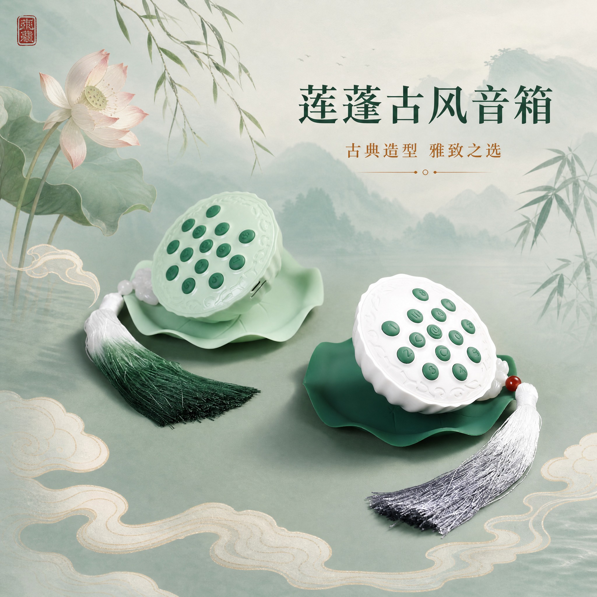[主图-1] 莲蓬造型蓝牙插卡音箱 商品识别与古风气质展示。… - 图片创意预览
