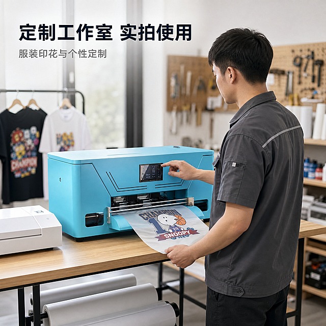 [主图-6] 全新升级版 DTF 打印机 真实使用场景图。唯一任务：展示产品在印花定制工作室中的真实使用状态与操作关系。
[统一基调] 1688 源头工厂实拍感 × 工业写实信息图；背景主色=中性工业浅灰 #F2F4F7；标题字色=深墨蓝黑 #16202C；辅助字色=中灰 #5B6673；强调色=科技蓝 #1E6BE6 仅小面积使用；全套只用一种无衬线黑体，仅做字号分级；组件=圆角 12px 浅底卡加 1px 细描边与线性图标。
[画面] 一位 30 岁左右的中国男性操作员站在全新升级版 DTF 打印机 右前方，采用侧后四分之三视角、仅露侧脸轮廓，一只手自然放在操作面板上，另一只手扶住刚输出并切断的烫画膜，目光看向设备；动作自然 接触点明确 手指与设备关系真实；设备占画面约 45%，人物作辅助尺度参照，设备与人物视角一致；工作台 卷材 印好彩色图案的服装与窗光构成前中后三层环境元素，浅景深虚化，产品边缘无白底残留。
[光影质感] 自然窗光加顶部柔光，设备与人物同一光照方向，桌面接触阴影真实，人物肤色自然不油腻，金属外壳有细腻哑光反射。
[配色] 环境中性灰与浅木色为主，人物深灰工装，科技蓝仅用于标题与线性小图标，不改变整组背景主色。
[文字版式] 左上角加粗主标题 "定制工作室 实拍使用"，副标题小号 "服装印花与个性定制"，全部简体中文横排，无逗号，不遮挡设备与人物。
[输出要求] 1:1 正方形 2048x2048；负向：多余手指 畸形手 融合手指 面部扭曲 肢体穿模 设备变形 悬浮 接触关系不明 卡通感 错字 水印 平台 Logo。