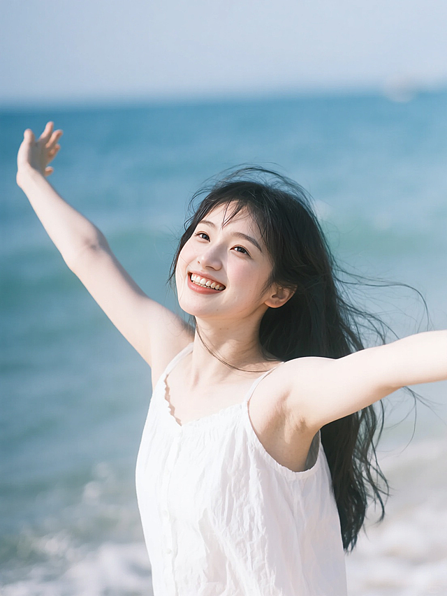 海边清新实景，少女展臂微笑，白色裙装尽显清爽夏日风情。