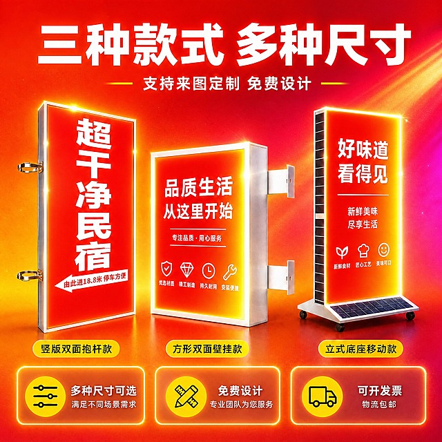 保持画面内容、文字、三款产品结构、构图与版式完全不变，仅重新调整色彩与光影以强化视觉冲击力：提高整体饱和度与对比度，背景改为浓烈的橙红—品红—亮金三段渐变并加斜向光束，三款灯箱的发光面更亮更透并向外扩散暖色辉光，金属边框高光更锐利，底座与支架立体感更强，三张半透明信息卡的描边改为高亮橙金、图标颜色更鲜明，文字保持白色高对比；整体色彩浓艳饱满、层次丰富、有艺术感，不改变任何文字内容和位置。