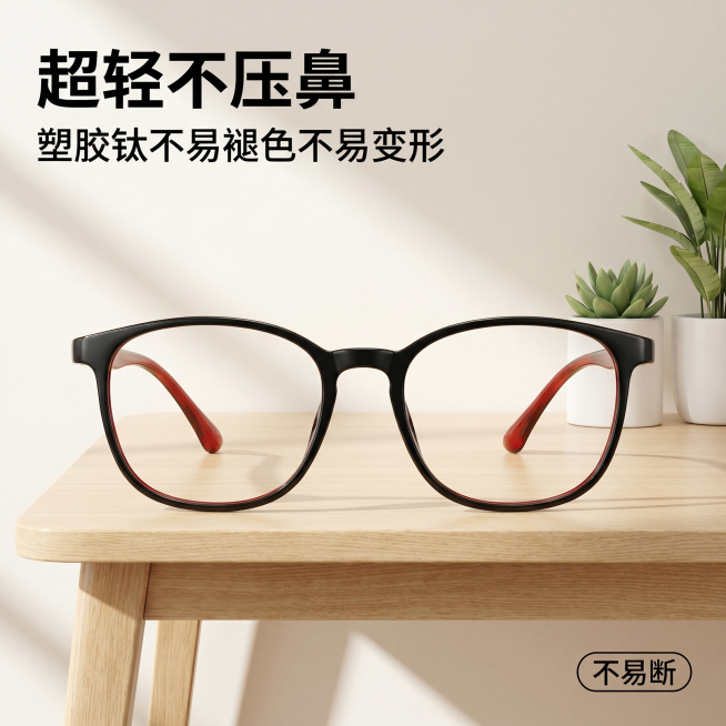 [主图-1] 塑胶钛超轻眼镜首图。
[氛围风格] 简约质感生活风，日常清新氛围
[画质] 商业摄影质感，产品清晰真实，画面干净高级，有质感
[元素] 黑红拼色塑胶钛眼镜框居中放置在简约原木书桌，背景为预览效果