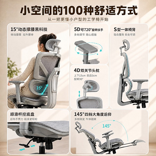 将图片尺寸调整为800×800px正方形，保持画面内容完整，构图居中裁剪或等比例缩放适配，所有文字、椅子、功能卡片完整保留，清晰不变形。小空间的100种舒适方式 功能卖点图。