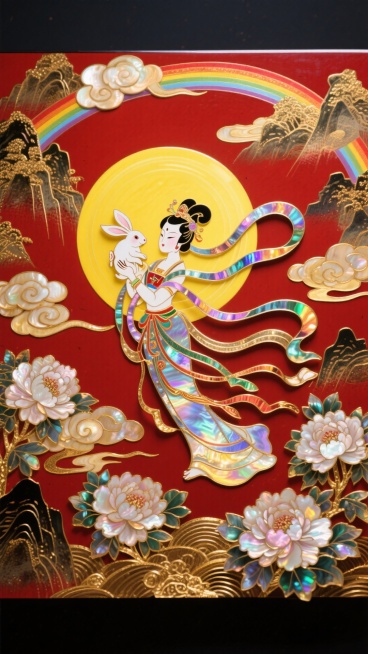 皮影艺术风格，嫦娥怀抱玉兔奔向一轮圆月，月亮周围散发出黄色晕圈，嫦娥体态妖娆，衣摆飘逸。周围环绕着祥云和盛开的牡丹花朵，背景山水，中国红底色搭配鎏金色点缀，非常规的动态构图,32K分辨率预览效果