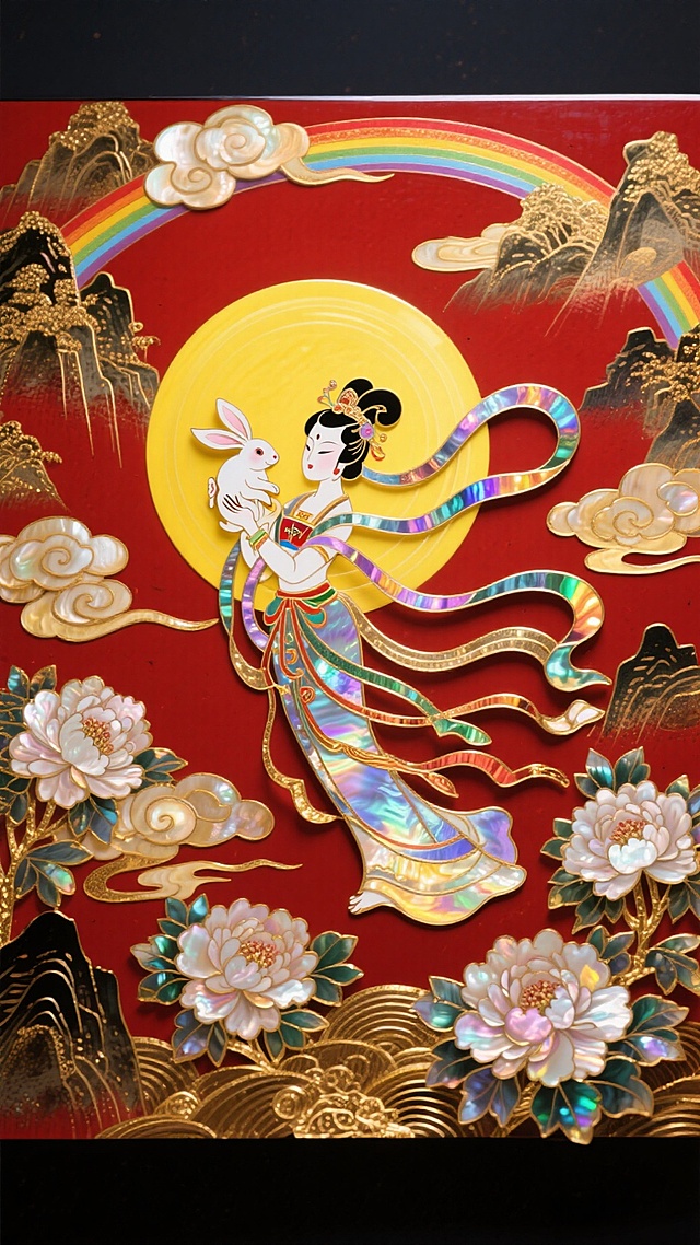 工笔风与剪纸风融合，嫦娥怀抱玉兔立于明月前，彩虹环绕，金箔浮雕山峦云海，牡丹盛放，红底鎏金，尽显中式古典与奢华梦幻之美。