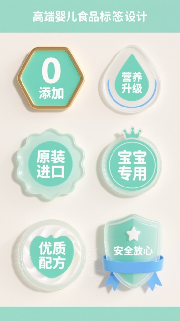 一组高质量的婴儿食品标签设计，包含六个不同形状和文案的徽章图标，整体采用清新的薄荷绿作为主色调，搭配柔和的奶油白作为背景色，金色细边框勾勒轮廓。左上角是六边形"0添加"标签，薄荷绿底色上白色数字"0"和文字；右上角水滴形"营养升级"标签，薄荷绿水滴造型环绕蓝色细圆环；左下角波浪边缘圆形"原装进口"标签，薄荷绿底色配白色文字；右下角圆形"宝宝专用"标签，薄荷绿底色上方有小皇冠装饰；底部左侧圆形"……预览效果