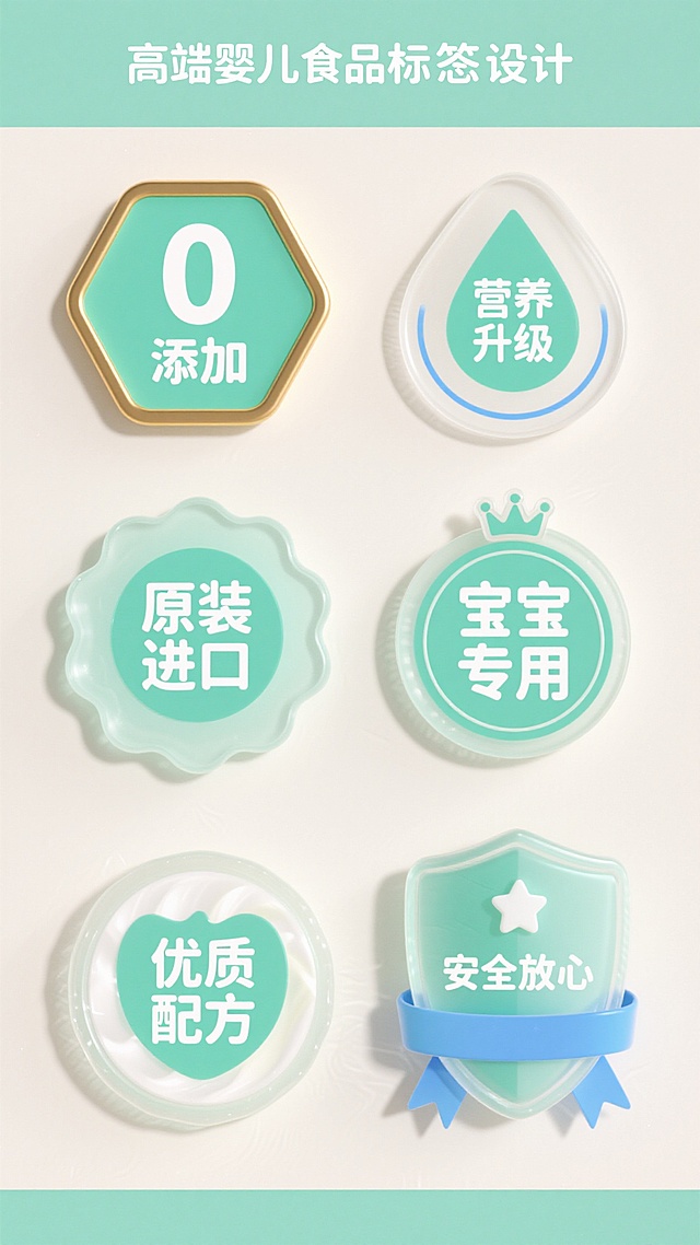 一组高质量的婴儿食品标签设计，包含六个不同形状和文案的徽章图标，整体采用清新的薄荷绿作为主色调，搭配柔和的奶油白作为背景色，金色细边框勾勒轮廓。左上角是六边形"0添加"标签，薄荷绿底色上白色数字"0"和文字；右上角水滴形"营养升级"标签，薄荷绿水滴造型环绕蓝色细圆环；左下角波浪边缘圆形"原装进口"标签，薄荷绿底色配白色文字；右下角圆形"宝宝专用"标签，薄荷绿底色上方有小皇冠装饰；底部左侧圆形"优质配方"标签，薄荷绿底色带有渐变牛奶波纹效果；底部右侧盾牌形"安全放心"标签，薄荷绿底色配蓝色丝带和五角星。所有标签都具有半透明的果冻质感，柔和高光和细腻阴影，文字清晰醒目，整体风格统一、清新、专业，传达安全、健康、高品质的婴儿产品形象。