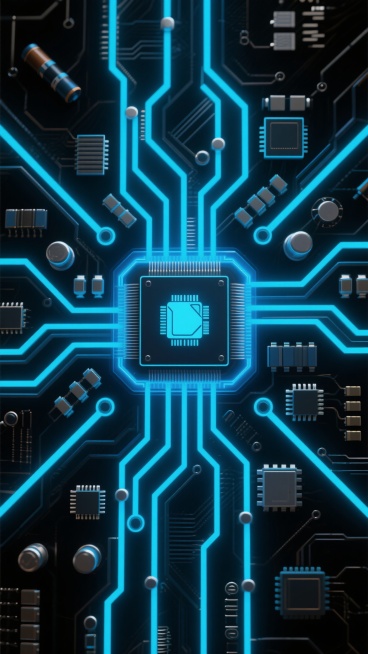 一张电路板主题的创意科技海报，采用深邃黑色背景与明亮蓝色霓虹光效相结合的赛博朋克风格，中央位置有一个造型独特的新型处理器芯片，四周延伸出呈放射状分布的复杂电路纹路，包含不同形状的电容、电阻和芯片组件，整体构图呈现对称的视觉平衡感，蓝色光线在电路板边缘形成流畅的发光线条，突出科技感与未来感，光影对比强烈，细节丰富，营造出神秘而先进的电子科技氛围，电路元件样式经过创新设计，展现不同于传统电路板的新……预览效果