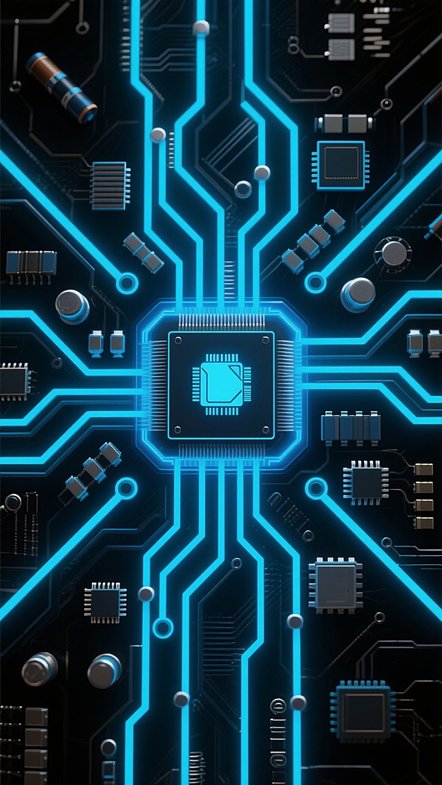 一张电路板主题的创意科技海报，采用深邃黑色背景与明亮蓝色霓虹光效相结合的赛博朋克风格，中央位置有一个造型独特的新型处理器芯片，四周延伸出呈放射状分布的复杂电路纹路，包含不同形状的电容、电阻和芯片组件，整体构图呈现对称的视觉平衡感，蓝色光线在电路板边缘形成流畅的发光线条，突出科技感与未来感，光影对比强烈，细节丰富，营造出神秘而先进的电子科技氛围，电路元件样式经过创新设计，展现不同于传统电路板的新颖视觉元素，整体画面具有强烈的视觉冲击力和现代设计感。