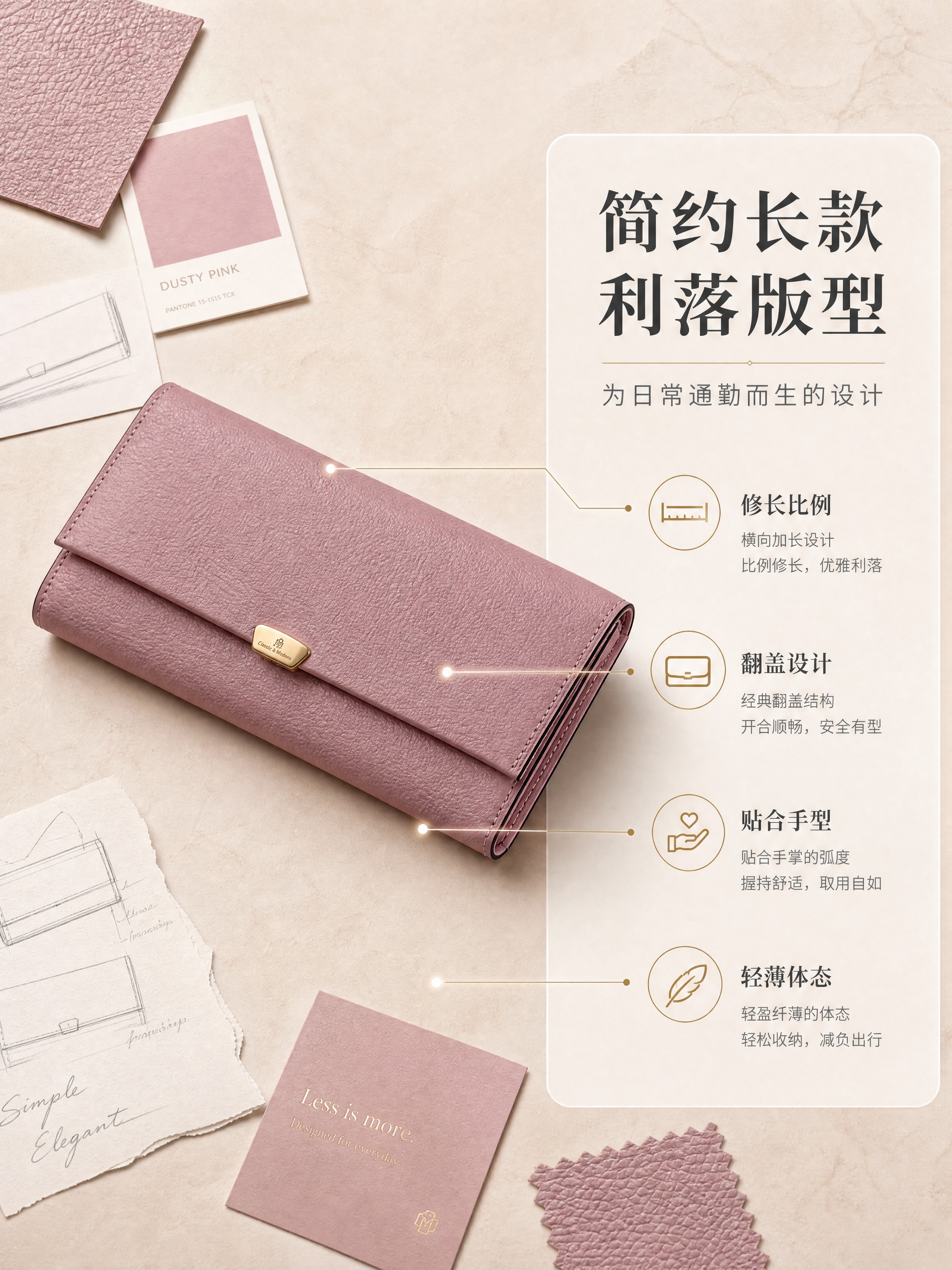 [商品] 使用【图1】豆沙粉色女士长款翻盖钱包；商品处理：保留… - 图片创意预览