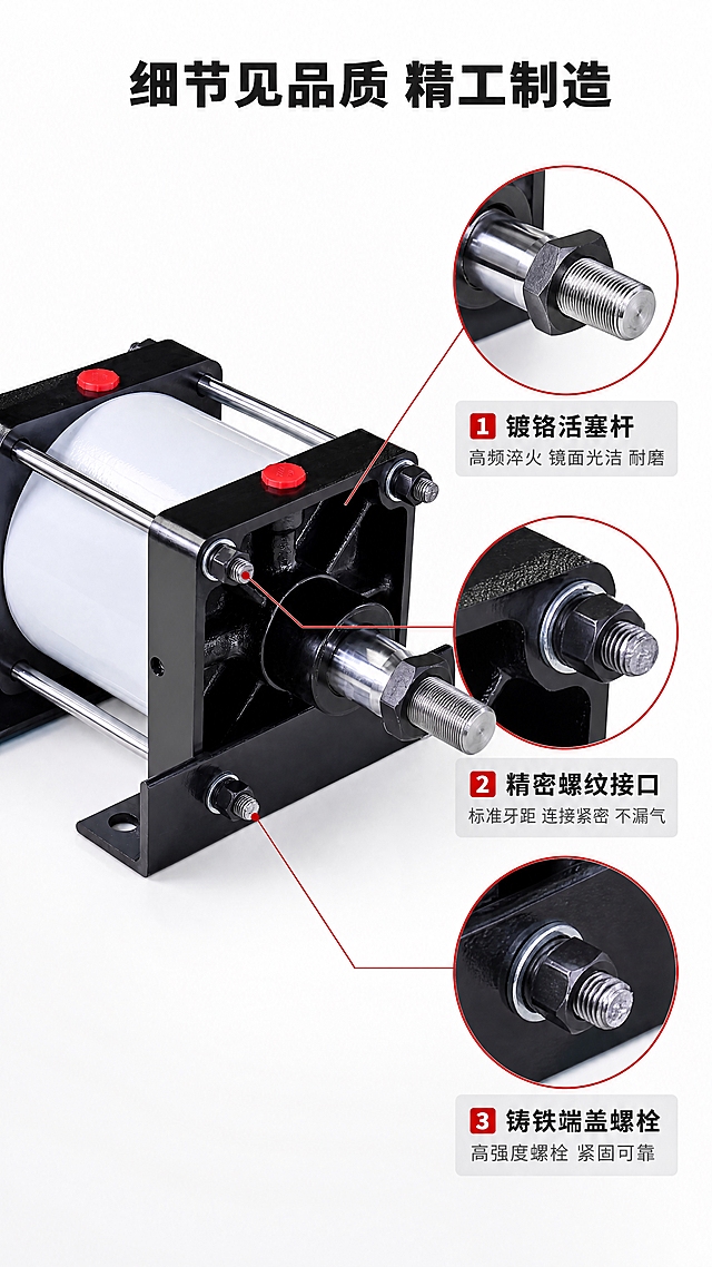 [商品] 使用【图1】JB QGB重型铁气缸脚座式款式；保留完整结构；去除木板背景，替换为纯净白色背景；通过局部放大框展示关键细节部位，产品本体结构不改变。
[画面] 目标：细节微距页，突出工艺品质与加工精度。构图：左侧55%为气缸整体图（前侧视角，占画面约45%），右侧45%为3个细节放大框上下排列；从气缸的活塞杆螺纹、气嘴接口、端盖螺栓三个位置引出放大框；每个放大框为圆形或方形窗口，展示局部微距效果。阅读动线：整体图→细节放大框1→2→3。
[视觉] 套系策略：风格=工业专业风白底商业摄影；标题字=粗黑体加粗；正文字=思源黑体常规；主色=纯白+深灰；背景延展=纯白底带极浅灰渐变层次；强调色=工业红（#D32F2F），仅用于放大框边框和标注引线；标题色=深炭灰（#212121）；正文色=中灰（#616161）；组件=红色圆形放大框、引线、浅灰说明卡；光影=左前侧45度硬柔光，细节处光线均匀，突出金属纹理和加工面。
[文字] 顶部主标题"细节见品质 精工制造"（8字，深炭灰粗黑，居中）；三个细节放大框下方分别标注：1."镀铬活塞杆"配说明"高频淬火 镜面光洁 耐磨"，2."精密螺纹接口"配说明"标准牙距 连接紧密 不漏气"，3."铸铁端盖螺栓"配说明"高强度螺栓 紧固可靠"；每处有红色引线指向产品对应部位；文字全部横排。
[规格] 图片比例9:16竖版，4K，负向提示：避免变形、缺件、颜色改变、木纹背景、地面、模糊、文字竖排、文字过小、二维码、水印。