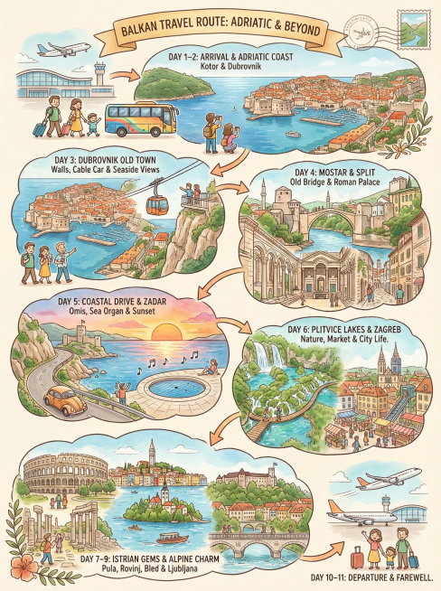 生成一幅手绘旅行行程信息插画风格的作品，竖版信息图排版，整体分为6个行程区块，以箭头串联时间顺序，清楚呈现巴尔干半岛多国旅行路线。
Day 1–2： 飞机抵达欧洲，机场、行李箱、巴士元素，前往科托尔与预览效果