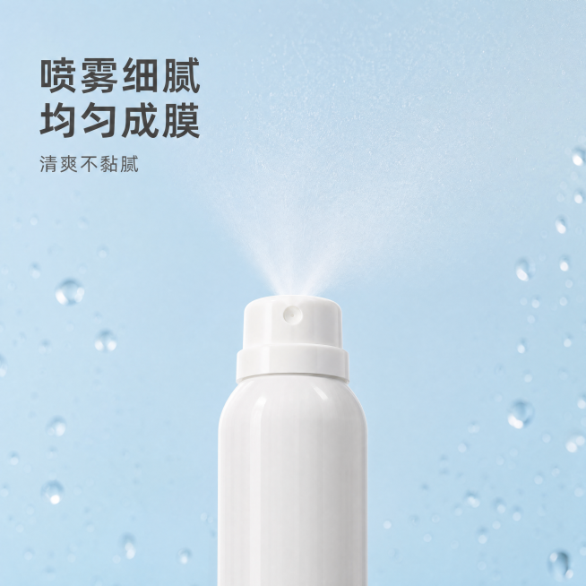 [主图-3] 防晒喷雾细腻质地展示。
[氛围风格] 清新水润，直观展示，通透高级
[画质] 商业摄影质感，光线柔和通透，喷雾质地清晰灵动，画面干净高级，4k分辨率
[元素] 保持白色防晒喷雾瓶的外观、预览效果