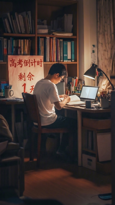 画面左边男孩身边的书本换成高考倒计时的大字报，剩余1天，男孩穿着白色短袖预览效果