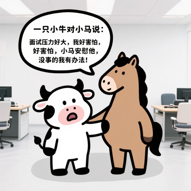 一只小牛对小马说：面试压力好大，我好害怕，小马安慰他，没事的我有办法！预览效果