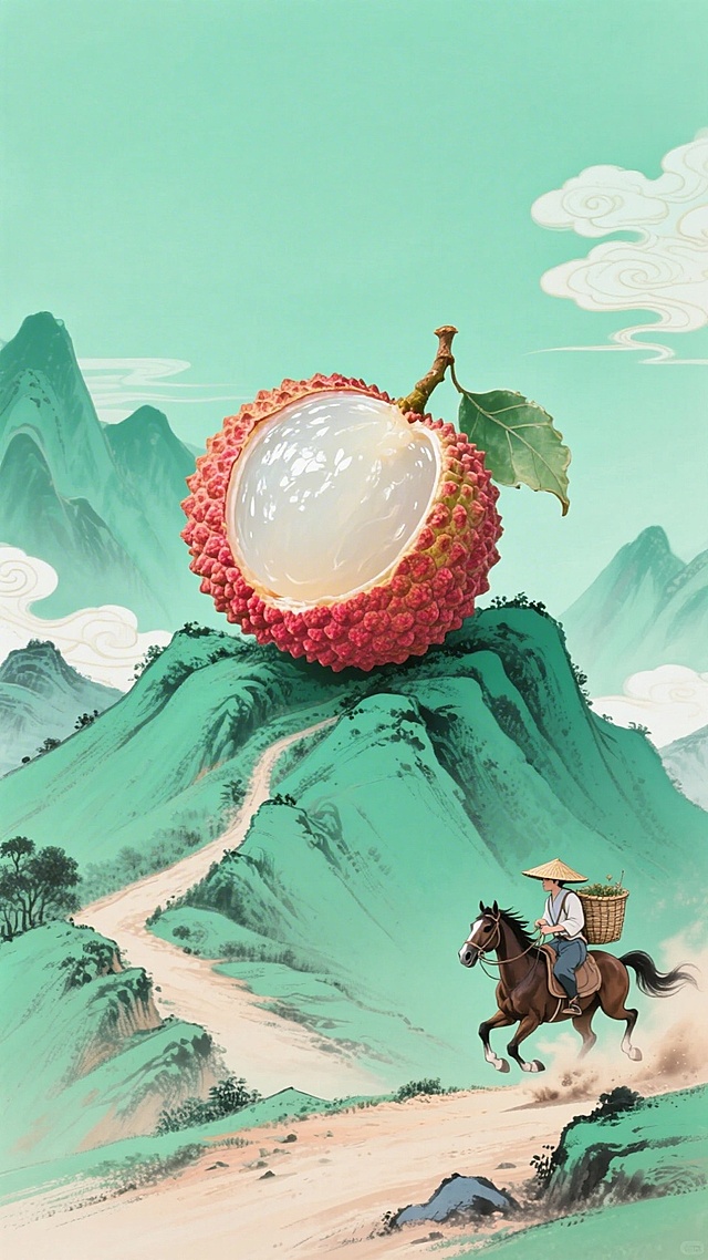 国风插画，主视觉为岭南青绿山峦上一颗巨型荔枝，剥开露出晶莹如玉的果肉，比例巨大，山峦上简一条崎岖的小路，小路上一个骑着劲马的人，扬着马鞭，背着装有荔枝的箩筐，带着斗笠，身后一片尘飞扬，朝下飞奔，左下角为骑马使者，荔枝与人物形成强烈比例对比，背景为青绿色，融入青绿水墨山峦祥云元素，留白通透。