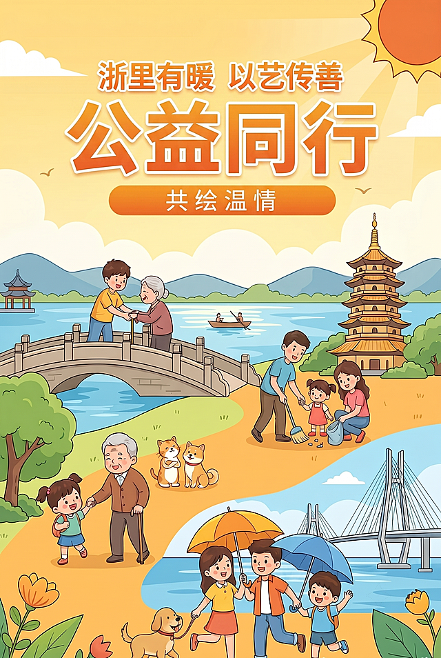 「图片1」帮我把“浙里有暖 以艺传善 公益同行 共绘温情”导入这张图中 完美吻合