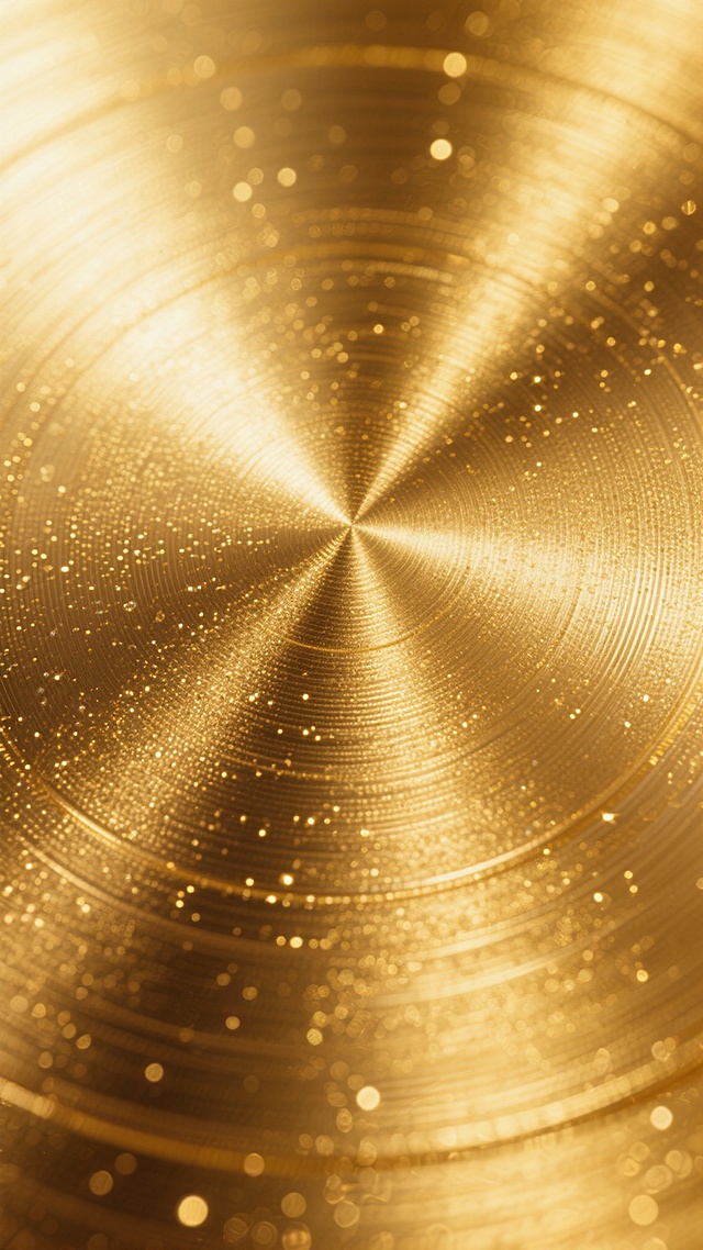 金色金属质感背景，具有细腻的磨砂纹理，整体呈现出从顶部明亮高光区域到底部稍暗区域的平滑渐变光影效果，金属表面闪烁着细微的金色光泽颗粒，色彩为温暖的金黄色调，质地均匀且富有质感，包含多种不同纹路的金属纹理细节，如细微的横向拉丝纹路与点状磨砂质感相互交织，营造出高端、精致且具有层次感的金属表面效果。