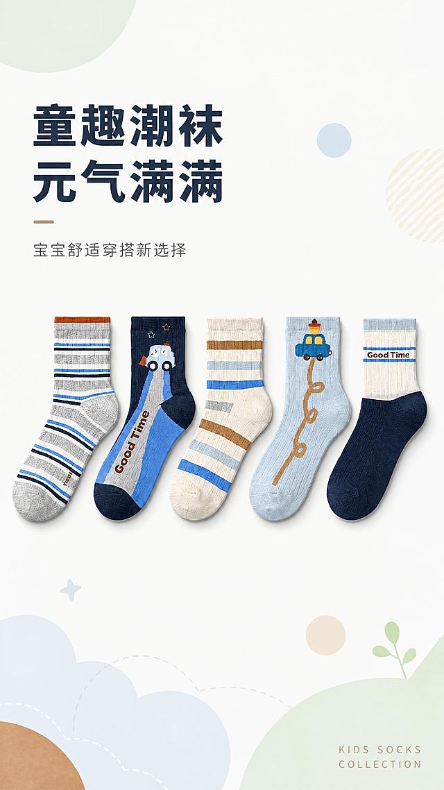 [第1屏] 详情页头图-1001儿童袜五款组合宣传海报。本屏使用【图1】作为商品主体。
[标题版式] 清新简约标题风格，标题位于画面左上，主标题加粗，搭配浅色几何装饰元素，留白宽松透气。
[氛围/风格] 清新童趣风，浅淡背景，温馨明亮，商业摄影质感，整体干净清爽。
[元素布局] 五款儿童袜水平居中排列，占画面约65%，整体结构、颜色、图案与输入产品图保持一致；上方预留主标题区域，底部加浅淡柔和装饰图形；袜子轮廓清晰，针织纹理自然。
[光影质感] 顶部柔光均匀打光，袜子下方保留柔和自然投影，整体明暗通透，纹理细节清晰可见。
[配色色系] 全局底色 #F5F8FA；主色浅灰蓝；辅助色浅薄荷绿、暖米色；点缀浅棕色。
[视角构图] 正面平视构图，商品为视觉中心，阅读动线从上到下自然流畅。
[文字版式] 左上主标题「童趣潮袜 元气满满」，副标题「宝宝舒适穿搭新选择」，主标题粗体，副标题细体，左对齐；右下角落小号英文装饰「KIDS SOCKS COLLECTION」，文字不遮挡商品主体。
[比例分辨率] 9:16 竖版比例，1080*1920，4K分辨率，文字清晰可辨，高清画质。
[负向提示词] 袜子变形，缺件错件，颜色偏差，文字错乱，产品模糊，背景杂乱，极限词，水印，诱导点击按钮。