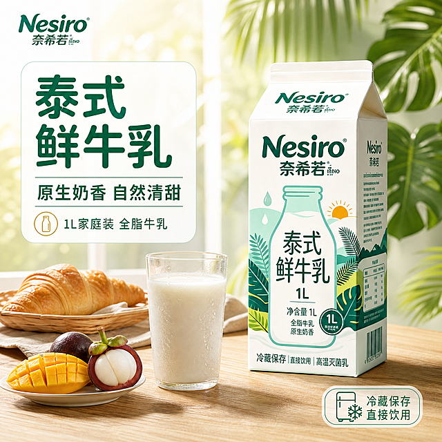 [主图-1] 泰式鲜牛乳首图点击率，突出原生奶香与泰式热带风情，唤起早餐饮用联想。
[统一基调] 整体清新自然风格，背景主色为薄荷绿与奶白色渐变，标题字色为深绿色，辅助字色为墨绿色，强调色为暖金色。字体样式为圆润无衬线粗体，字号层级分明，卡片样式为圆角半透明白色底，图标为简约线性风格。
[画面] 产品位于画面右侧偏中位置，占画面约55%，产品为奈希若泰式鲜牛乳1L装利乐包，外观与输入图完全一致，正面朝向观众略微左倾。左侧为早餐餐桌场景，木质餐桌上放着一杯倒满牛奶的透明玻璃杯，杯壁有冷凝水珠，旁边有新鲜牛角面包和一小碟热带水果（芒果、山竹）。背景虚化处理，隐约可见泰式热带植物叶片（龟背竹、棕榈叶）和柔和的晨光从窗外洒入。产品底部有自然的接触阴影，与桌面融合自然。左上角放置品牌Logo"Nesiro 奈希若"。
[光影质感] 自然暖阳逆光，主光从左上方45度角照射，产品正面受光均匀，右侧有柔和阴影，体现利乐包的纸质质感和立体感，整体画面通透温暖，食欲感强。
[配色] 主色调薄荷绿+奶白，深绿色标题字，暖金色强调，场景中的木色、水果色作为环境色点缀。
[文字版式] 左侧上方大标题"泰式鲜牛乳"，下方副标题"原生奶香 自然清甜"，再下方小字"1L家庭装 全脂牛乳"。文字左对齐排列，放在半透明白色圆角卡片上，不遮挡产品主体。右下角有小图标+文字"冷藏保存 直接饮用"。
[输出要求] 1:1正方形，2048*2048，文字清晰可读，产品清晰完整不变形，无错字，画面干净不杂乱，无水印，无平台Logo。禁止产品变形、颜色偏差、边缘硬切、悬浮感。