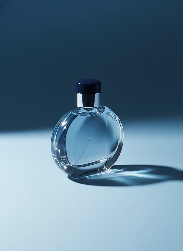 画面中心是主体，反光，玻璃质感，背景为渐变冷调蓝色，光线营造出柔和光束与阴影