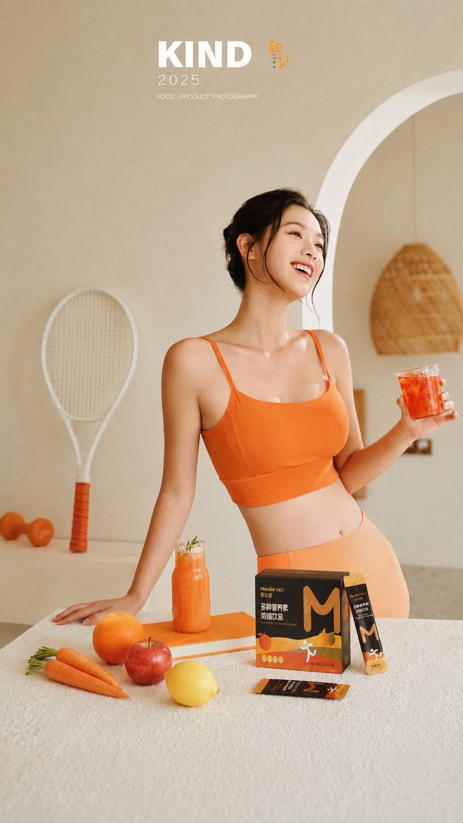 把桌子上的网球换成胡萝卜、橙子、苹果、柠檬，把桌子上的绿色包装… - 图片创意预览