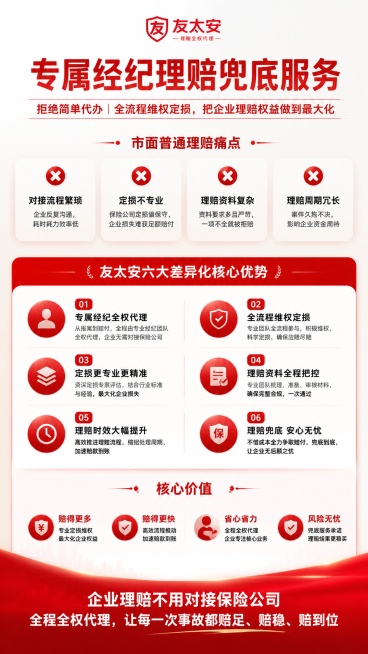 专业商务风格专属经纪人理赔服务宣传海报第二版，竖版9:16，延续品牌红白配色，采用上下分层差异化版式，区别于第一版的左右对比。顶部主标题："专属经纪理赔兜底服务"，副标题："拒绝简单代办｜全流程维权定预览效果