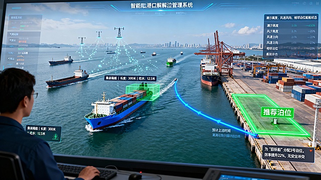 一幅展现智能港口船舶靠泊管理系统的全景俯瞰图。画面中心是繁忙的港区，多艘不同类型船舶（如集装箱船、散货船、油轮）正航行在进港航道或停泊在码头。天气晴朗，海面平静，远处可见城市轮廓。

智能系统的“无形之手”通过多层次的视觉化信息呈现：

数据感知层：画面中仿佛有细微的光点数据流从船舶、气象站、潮汐监测器流向港口的智能控制中心。

船舶识别与分类：进港航道上的船舶，被不同颜色的半透明识别框标注（如集装箱船用蓝色，散货船用绿色），旁边实时浮现标签：“集装箱船 | 长度：300米 | 吃水：12.5米”。

动态规划与引导：在控制中心的大型屏幕上，显示着港口的数字孪生界面。系统正为那艘被标识的集装箱船（假设为“目标船”）规划靠泊：

码头空闲泊位上亮起绿色的“推荐泊位”高亮框。

一条动态调整的蓝色虚拟引航线从船舶当前位置延伸至该泊位，线旁标注预计靠泊时间。

屏幕侧边栏滚动着综合考虑因素：潮汐高度、风速风向、相邻泊位船舶状态。

决策支持：一名调度员正参考屏幕信息，系统界面一角弹出提示：“为‘目标船’分配3号泊位。效率提升22%，无安全冲突。”

整体画面强调在复杂的物理港口之上，一个由数据驱动、智能规划的“虚拟大脑”正在运行。它将分散的信息（船型、环境、资源）转化为清晰的可视化引导方案，实现从“经验调度”到“最优规划”的跨越。科技感体现在这种实时、多因素、自动化的协同规划能力上，色调以真实的海港色彩为主，用蓝、绿等智能引导色突出重点，展现智慧港口高效、安全、有序的运营核心。

比例16:9