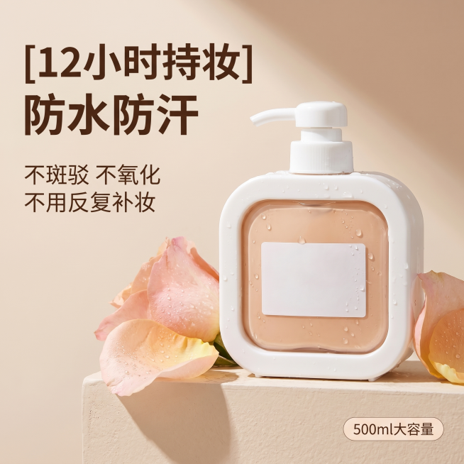 [主图 1] 半成品粉底液产品首图。
[氛围风格] 纯净高级自然感，水润通透亮调，专业美妆产品品质感，更贴近自然场景。
[画质] 商业摄影质感，光线柔和通透，产品清晰真实，画面干净高级。
[元素] 半预览效果