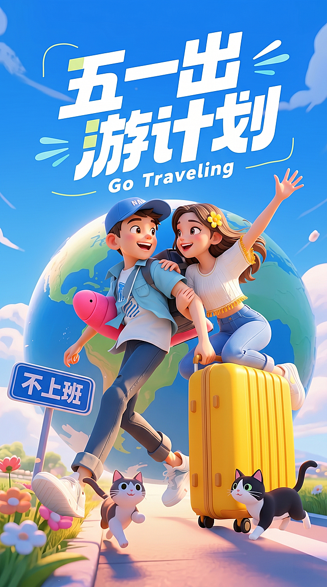 参考图片1的3D卡通插画风格，人物形象参考图片4，生成一个男孩拉着黄色行李箱，行李箱上面蹲着一个女孩，两人做出甜蜜的动作，全身展示，镜头特写，画面有冲击力，适合活动页面，高饱和度色彩，高清晰度