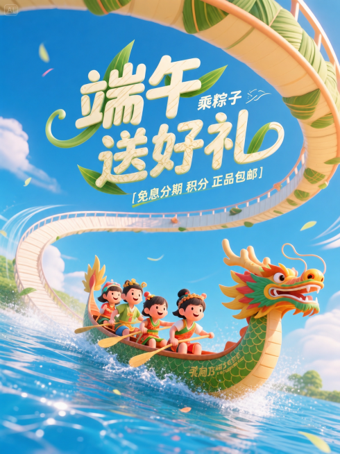 保留原图的3D卡通风格、文字内容和龙舟整体构图，将下方的绿色草坪替换为蓝色水面，让龙舟在水面滑行，龙舟四周添加片片溅起的浪花，保持整体清新明快的端午主题风格预览效果