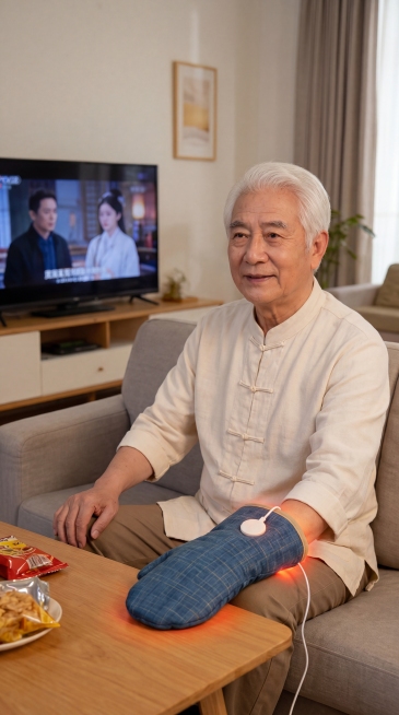 将图片中的人物更换为老人坐在沙发上，保留原有的蓝色热敷手套产品不变，去掉手机，保持家居客厅场景氛围，尺寸比例9:16预览效果