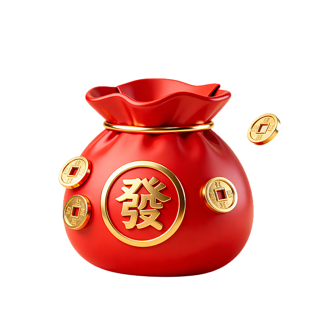 圆润的红包造型，中间的圆圈里面有一个一个發字，左右2侧个围绕一枚铜钱，造型简洁一点