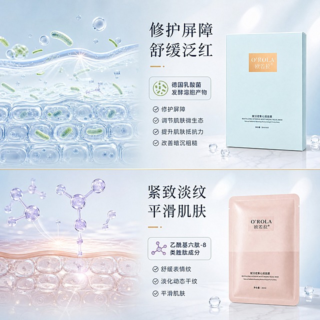 [主图-4] 舒缓修护与紧致淡纹双重功效展示，强调德国乳酸菌发酵溶胞产物与乙酰基六肽-8的修护抗老作用。
[统一基调] 整体风格为通透水润的高端护肤静物摄影风，背景主色为清透浅蓝渐变到奶油白，标题字色为深藏青色，辅助字色为雾霾蓝与浅金色，强调色为香槟金，字体为干净优雅的细衬线体，字号层级分明，卡片与图标采用细线描边加轻微半透明底的极简样式。
[画面] 画面采用上下分区布局。上半部分主题为"修护屏障 舒缓泛红"，左侧展示微观肌肤微生态示意图，有益菌在肌肤表层形成保护膜，右侧配文字说明："德国乳酸菌发酵溶胞产物 修护屏障 调节肌肤微生态 提升肌肤抵抗力 改善暗沉粗糙"，旁边放一盒浅蓝色面膜礼盒。下半部分主题为"紧致淡纹 平滑肌肤"，左侧展示乙酰基六肽-8类胜肽分子作用于肌肤细纹的示意图，纹路被抚平淡化，右侧配文字说明："乙酰基六肽-8 类胜肽成分 舒缓表情纹 淡化动态干纹 平滑肌肤"，旁边放一片裸粉色面膜袋。中间用一条细香槟金线分隔。
[光影质感] 高级商业摄影质感，微观示意图有通透的科研感，产品包装真实有质感，整体光线柔和，上下区域光影统一。
[配色] 清透浅蓝渐变背景 + 奶油白 + 香槟金分隔线 + 深藏青标题，绿色与淡紫色作为成分点缀色。
[文字版式] 上下两部分各有主标题与功效说明，左图右文布局，文字字号层级分明，主标题最大，说明文字缩小50%以上，清晰可读。
[输出要求] 比例1:1，文字清晰可读，产品清晰不变形，无错字，无杂乱元素，无水印，无平台Logo。