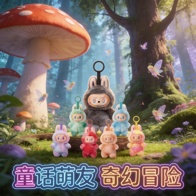 将所有毛绒挂件放置在童话森林场景中，背景是巨型蘑菇与参天古树，有小精灵飞舞，突出童话奇幻风格，底部添加“童话萌友 奇幻冒险”文案预览效果