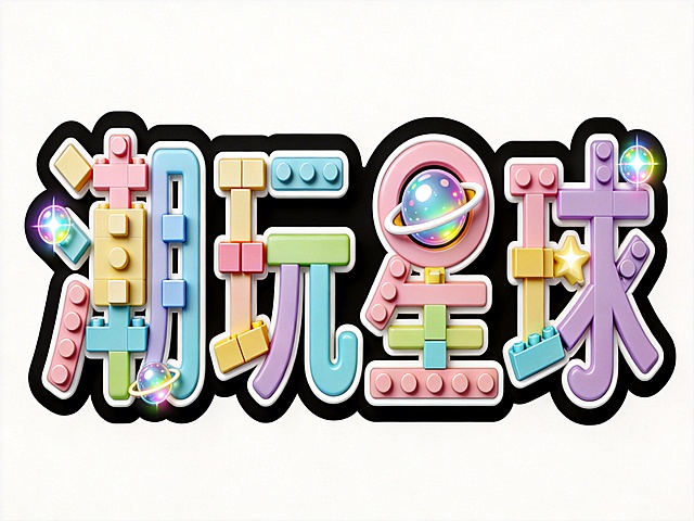 干净的纯黑色背景。3D艺术字体设计，四个字"潮玩星球"，所有文字单行横向排列，笔画圆润饱满，用积木颗粒和星球元素穿插设计，笔画带有圆角方块像素变形，星球造型融入"球"字结构，整体充满童趣潮玩感。主体色为马卡龙彩色拼色，白色描边，星球装饰点缀荧光效果。仅包含四个字："潮"、"玩"、"星"、"球"，不得增加、遗漏或替换任何一个字。比例4:3。潮玩店店铺LOGO设计