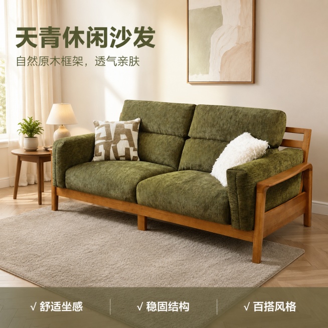 [主图-1] 天青沙发全景休闲客厅场景首图；[氛围风格] 温馨居家生活感，原木简约风；[画质] 商业摄影质感，光线柔和通透，产品清晰真实，画面干净高级；[元素] 保持这款111#天青沙发外观物理结构材预览效果