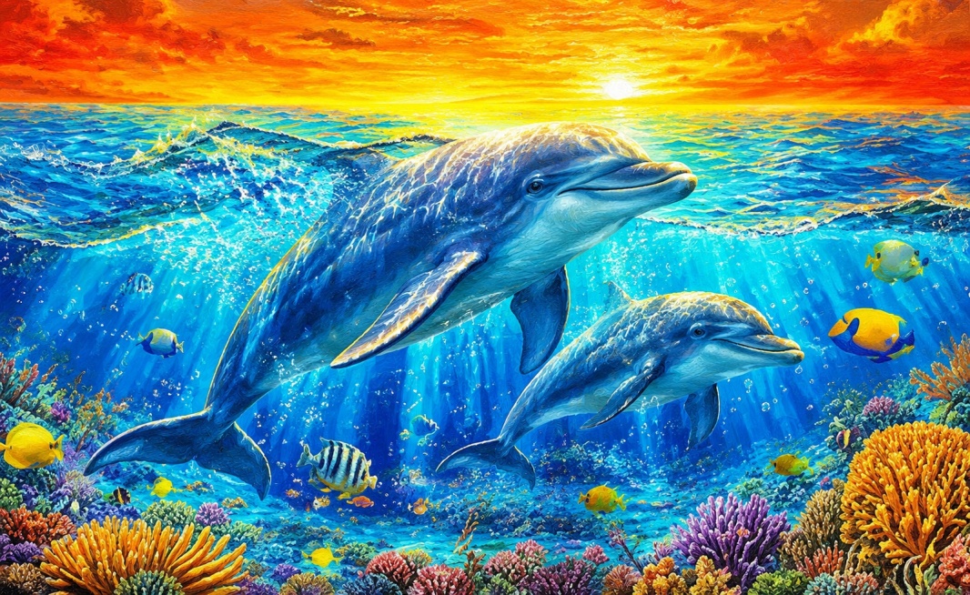 参考图中的绚丽油画风格，将主体替换为海豚，保留海底珊瑚、热带鱼、橙红色日落天空和海面的梦幻海洋场景，色彩鲜艳饱和，光影通透，细节丰富的插画风格预览效果