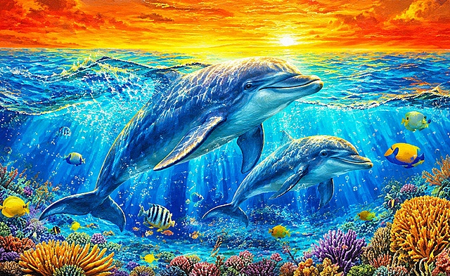 参考图中的绚丽油画风格，将主体替换为海豚，保留海底珊瑚、热带鱼、橙红色日落天空和海面的梦幻海洋场景，色彩鲜艳饱和，光影通透，细节丰富的插画风格