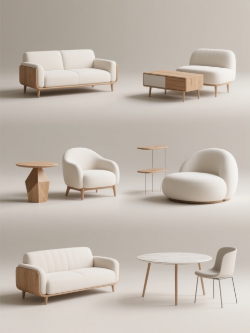 6个规整排布的现代简约风格家具素材，每个素材均为单一纯色背景下的独立家具展示，整体采用3D渲染技术，呈现柔和自然的光影效果，主色调为米白色、原木色与浅灰色的和谐搭配，家具表面质感细腻，线条流畅圆润，包含不同类型的简约现代家具，如弧形白色布艺沙发配木质茶几、简约床头柜、几何造型边几、舒适单人扶手椅、低矮置物架、线条感餐椅等，所有家具均无装饰性花纹，设计简洁大方，无任何文字、logo及水印元素，构……预览效果