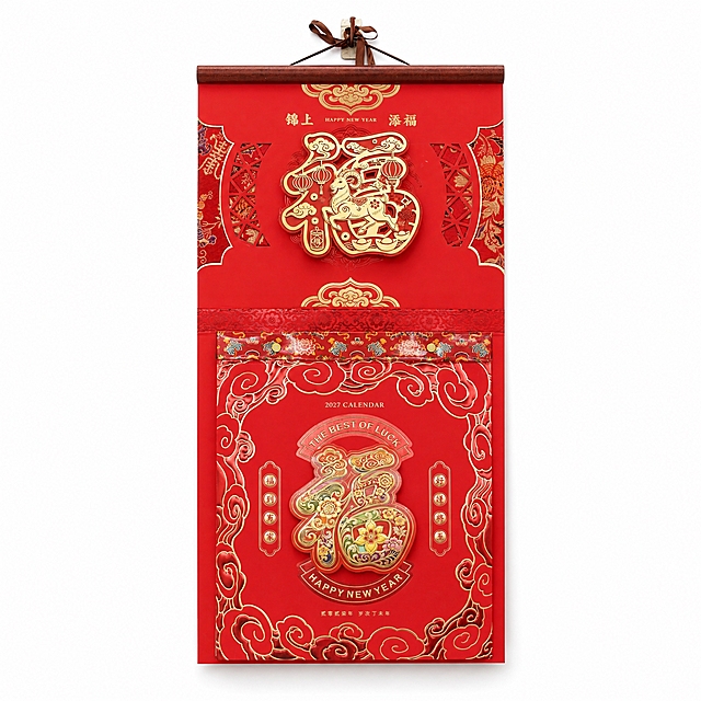 产品精修, 产品置于纯白背景上, 专业商业棚拍光, 5500K标准中性白光, 轮廓光, 体积光, 曝光正确, 强烈真实立体感, 提亮黑色/深色区域的结构层次, 拉开明暗过渡, 恢复部件边界、接缝、转折面和厚度关系, 避免一片死黑但保持原图深色属性, 接地处保留干净浅淡的自然接触阴影, 严禁大片投影、脏灰阴影和悬浮感, 主体居中, 商品完整入画不裁切, 商品外轮廓视觉体量约画面60%-80%, 四边均匀留白约10%-20%, 严禁满幅铺满与贴边顶满, 极致超清画质, 细节清晰锐利, 4K分辨率, 商业级实拍质感, 保留原图真实材质与结构细节, 明显提升商品表面洁净度, 清理灰尘、污渍、指纹、油污、胶痕和霉点, 让表面从脏旧发闷变为干净可售卖状态, 修复划痕、磨损、掉漆、飞边毛刺和使用旧痕, 翻新为干净商业新品感, 基于原图材质恢复纹理、颗粒、折射、高光、柔韧折痕、透明边线或工艺细节, 避免糊成塑料感, 去除非售卖主体杂物、临时垫块、包装垫、支撑块、纸片或填充物, 严禁误删商品结构, 锁定原图商品颜色, 颜色以输入图为唯一参考, 分段部件颜色边界按原图锁定, 还原真实物理色彩, 消除灰暗感和偏色, 锁定原图商品轮廓、件数、部件位置、连接关系、标签文字和可见功能细节, 只做精修不重绘结构, 挂历红色封面纸张: 哑光/半哑光纸质质感, 柔和漫反射, 低高光, 锦上添福立体福字与珐琅彩福字双层区域: 光面金属质感按原图锁定, 高光边线清晰, 反射干净但不过度镜面化, 顶部木质挂轴: 木质纹理自然, 纹路方向和色差按原图保留, 正视图, 标准透视校正, 正常透视焦段, 保持同类机位, 比例1:1
