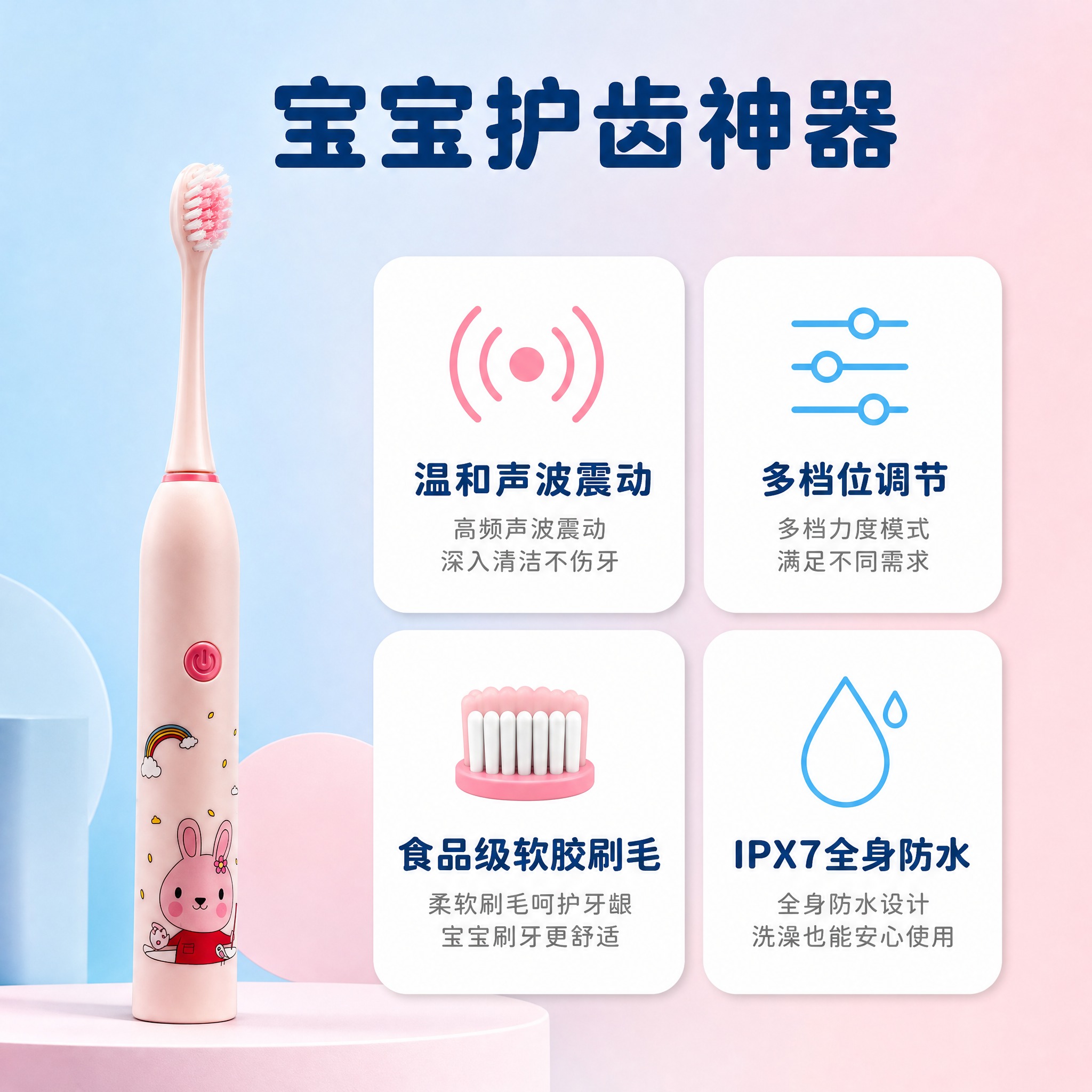 [主图-2] 核心价值卖点总览图，展示儿童电动牙刷四大核心卖点… - 图片创意预览