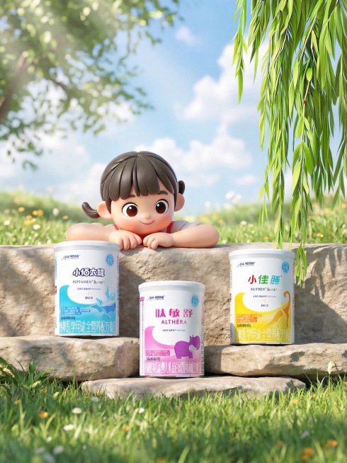 将三罐奶粉产品做3D高清渲染，保持所有产品文字、品牌Logo和包装设计完全不变，产品角度自然正确，陶瓷质感表面干净清晰，硬朗高光线条流畅，整体呈现高清专业的商业产品渲染效果。背景保持原场景的清新户外氛预览效果