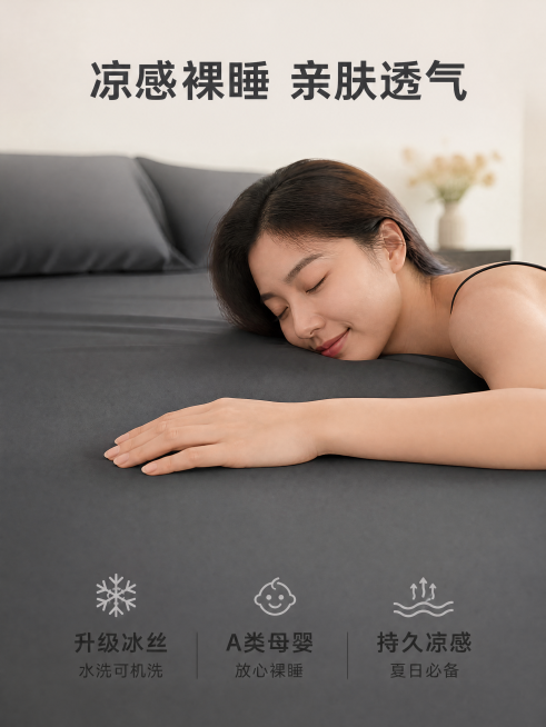 [主图-2] 冰丝床笠亲肤凉感体验展示；[氛围风格] 自然真实生活感，简约干净；[画质] 商业摄影质感、光线柔和通透、产品清晰真实、画面干净高级；[元素] 特写展示女性手背轻触深灰色冰丝床笠表面，闭眼预览效果