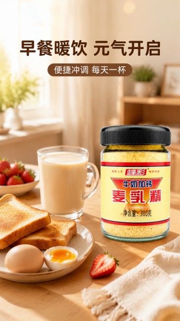 [第5屏] 食用场景种草-峰彩牛奶加钙麦乳精早餐场景。本屏使用【图1】作为产品主体。
[氛围/风格] 温馨居家早餐氛围感，暖调自然光，真实生活感。
[元素布局] 产品【图1】放在木质早餐桌右侧，保持外预览效果