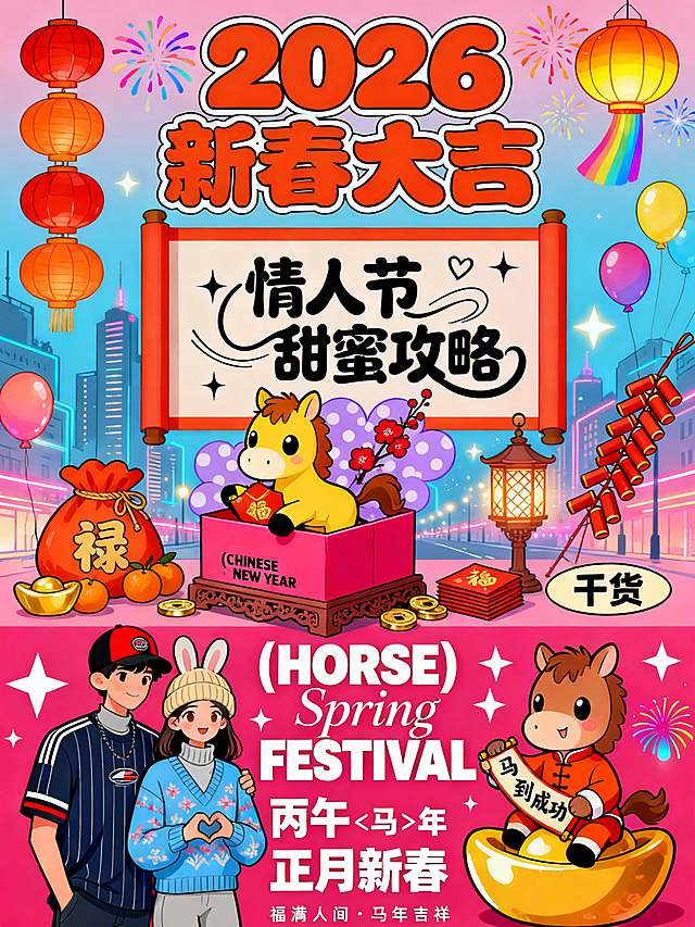 国潮插画风融合卡通拟人元素，霓虹灯与大字设计营造喜庆甜蜜氛围，马年新春主题搭配情侣互动场景，传递节日浪漫与吉祥祝福。