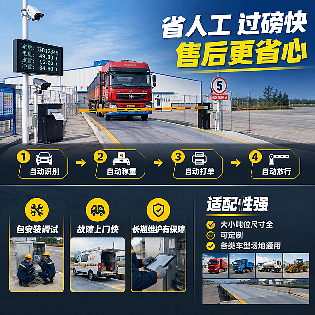 [主图-4] 效率与服务综合主图，主题为省人工过磅快 售后省心，核心传达无人值守效率高与售后保障完善。
[统一基调] 淘宝天猫五金器械风格，整体偏工业专业稳重，主色深蓝灰+工业黄点缀，标题白色粗黑体，辅助文字浅灰色，强调色为亮黄色，字体为无衬线粗黑体，字号层级分明，采用满版高信息密度构图。
[画面] 画面采用上下分栏满版构图。上半部分左侧为无人值守地磅自动工作场景，道闸自动升降、车牌自动识别、称重数据自动显示打印，体现无需专人值守的高效率，旁边有流程箭头示意：车辆驶入→自动识别→称重打单→自动放行。上半部分右侧为大标题区域。下半部分为售后保障服务板块，左侧有安装调试、上门维修、长期维护的3个服务图标小图，右侧是适配性强的说明：大小吨位尺寸全 可定制 各类车型场地通用。
[光影质感] 商业工业摄影质感，上半部分场景明亮真实，下半部分服务图标清晰，整体光线均匀专业。
[配色] 上半部分背景为真实地磅场景蓝灰色调，下半部分背景为深灰蓝色，标题白色，服务图标与强调色为亮黄色，辅助文字浅灰色，整体专业可信。
[文字版式] 上部大标题：省人工 过磅快 售后更省心。上半部分流程4步：1自动识别 2自动称重 3自动打单 4自动放行。下半部分左侧3个服务项：包安装调试 故障上门快 长期维护有保障。下半部分右侧：适配性强 大小吨位尺寸全 可定制 各类车型场地通用。文字全部横排，粗黑体，层级分明，主标题最大。
[输出要求] 1:1正方形，2048*2048，文字清晰可读，场景真实。负向：变形 错字 模糊 杂乱 水印 平台Logo 人物面部扭曲 流程错误 悬浮